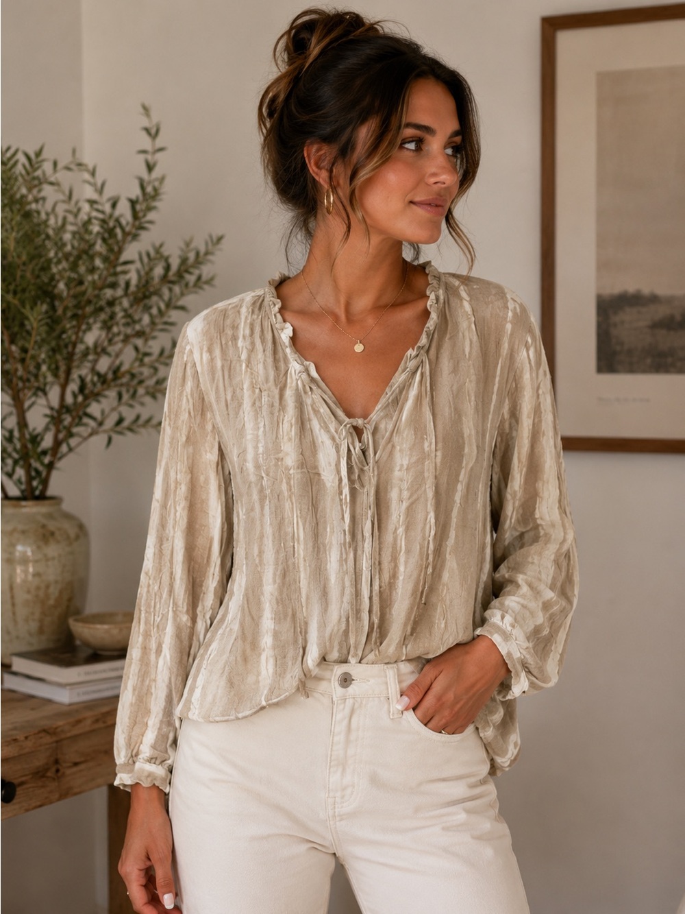 Knox Rose Beige-Tone Boho Tie-Neck Blouse